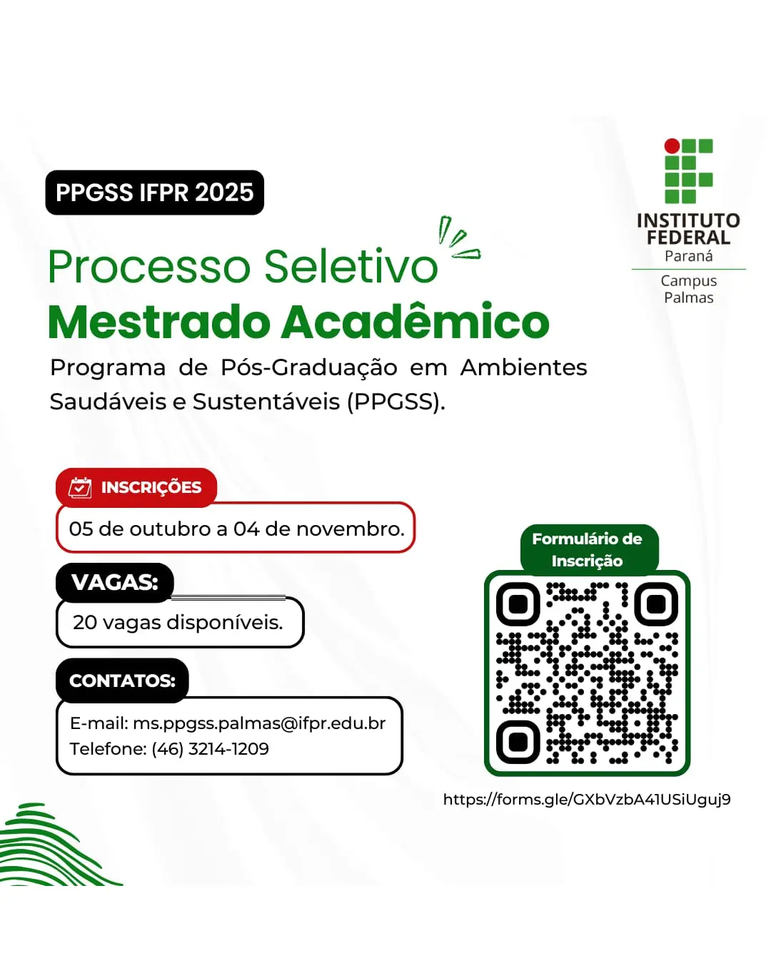 Inscrições abertas para o Mestrado Acadêmico em Ambientes Saudáveis e Sustentáveis – IFPR Campus Palmas